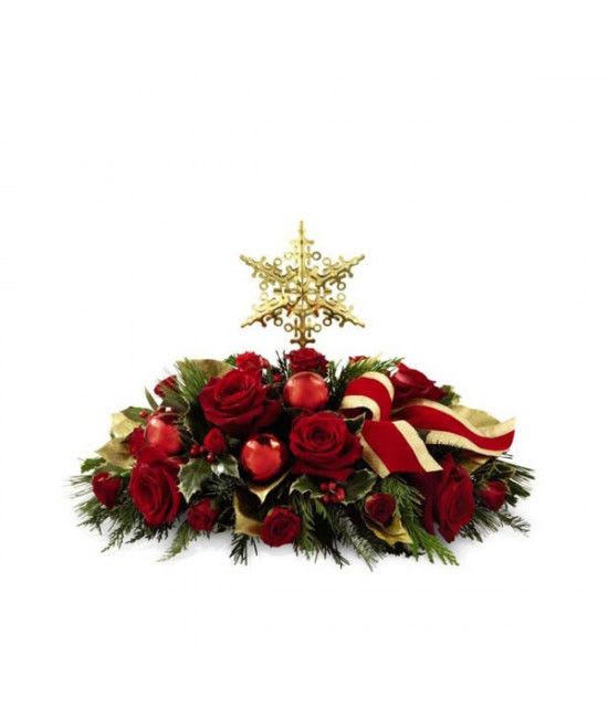 Holiday Celebrations Centerpiece - Holiday Celebrations Centerpiece is a grand and elegant way to add to the beauty of their holiday festivities. Rich red roses and spray roses are arranged amongst assorted holiday greens, variegated holly, shiny red holiday balls and a gold-edged red ribbon, all encircling a gold metallic star-shaped tree topper to create a unique and sophisticated holiday centerpiece. The tree topper can be used for years to come!