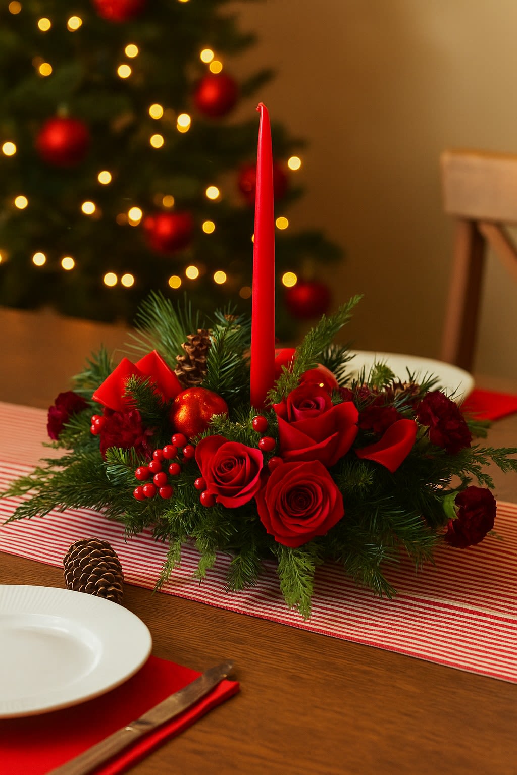 Christmas Celebrations Centerpiece  (Available Dec. 15) - New Christmas Floral Centerpiece  Classic Flower Selection: Features timeless favorites like roses, carnations, and stock, creating an elegant holiday centerpiece.  Festive Accents: Enhanced with Christmas greens and seasonal accents, adding a warm and cheerful holiday touch.  Versatile Decor: Perfectly suited for adding festive charm to any home or office setting, bringing the spirit of the season indoors.  Thoughtful Gift Option: Ideal as a thoughtful holiday gift for friends, family, or colleagues.  Perfect Size: Designed to fit beautifully on tables, desks, or entryways, adding a touch of holiday elegance to any space.  Celebrate the season with this new Christmas arrangement, a festive blend of classic flowers and holiday accents perfect for any occasion.