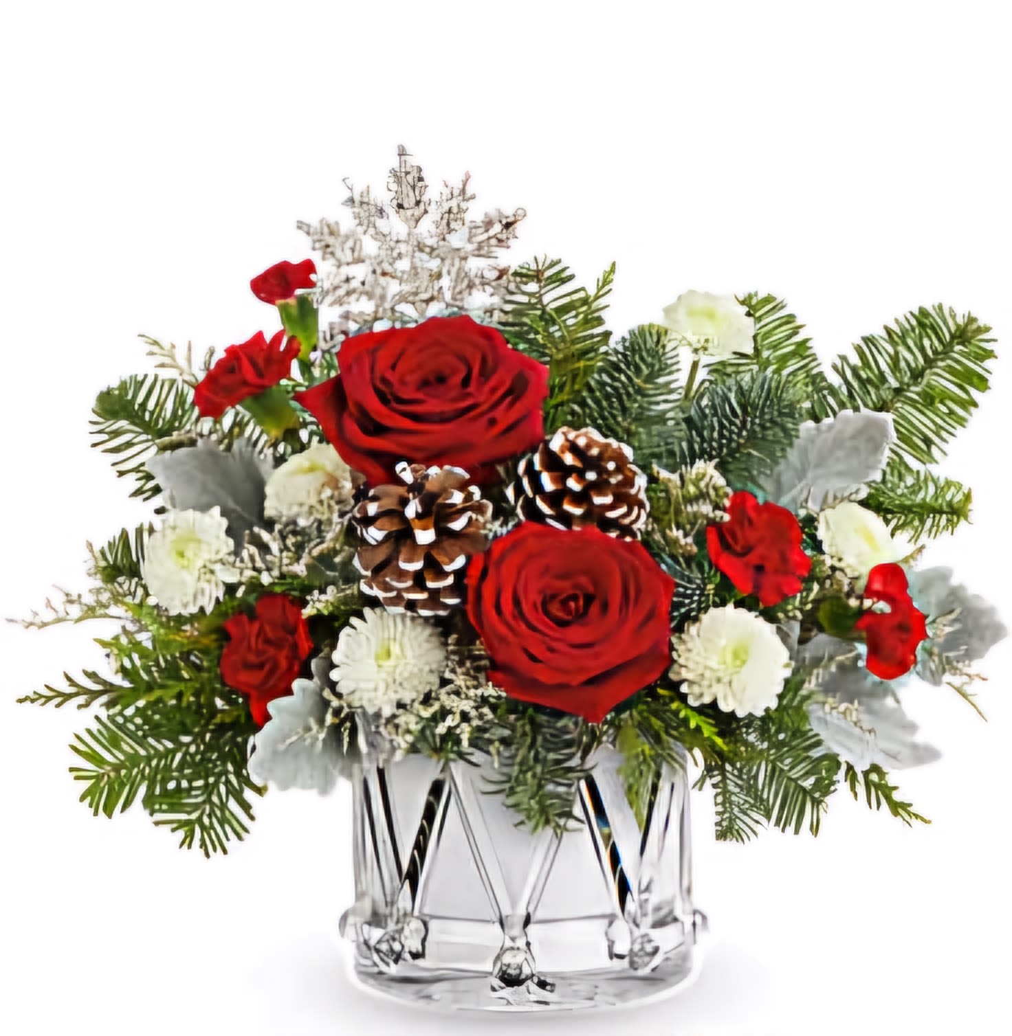 Winter Drummer’s Delight - A festive blend of red roses, winter greens, and pinecones arranged in a sparkling drum-style vase—perfect for holiday cheer.