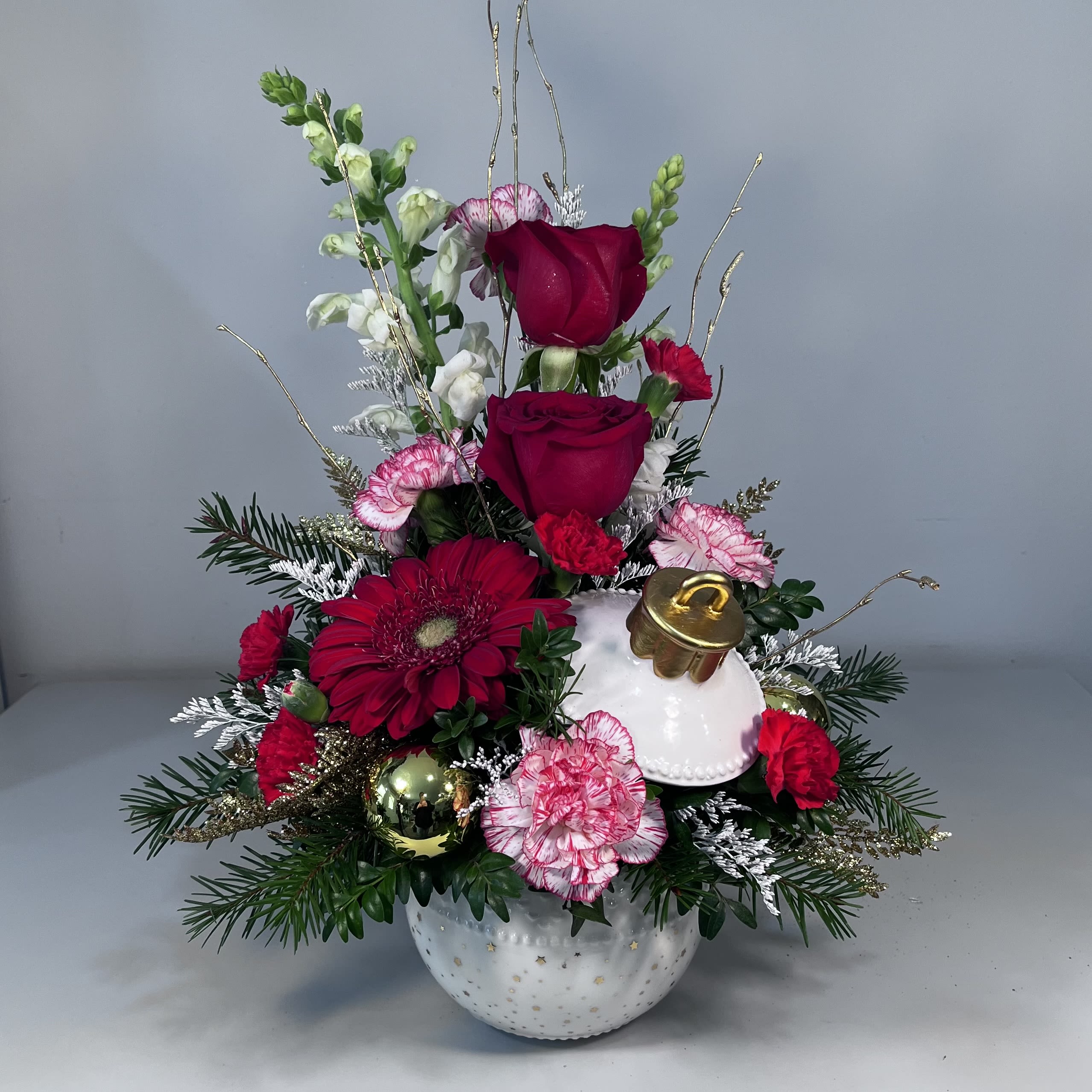 Golden Ornament  - Ceramic Ornament (Keepsake) Candy Jar filled with a beautiful array of Seasonal Flowers. Looks Great on any table! ( flowers differ by availability)