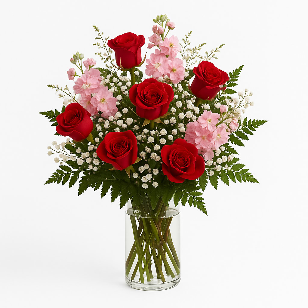 Mix Long Stemmed Red Roses by BloomNation™ - These six red roses, baby breath and stock are the classic romantic gift! Perfect for Valentine's, Girlfriend Solidification Day or an Anniversary.   APPROXIMATE DIMENSIONS: 25&quot; H X 18&quot; W