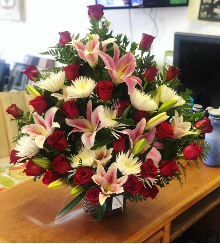 Thinking of you  - Beautiful Basket With Red Roses Lilies And White Spiders 