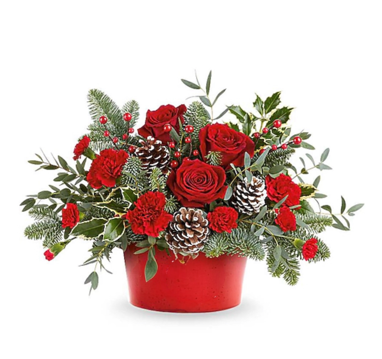 Winter Whimsy Centerpiece - Winter Whimsy Centerpiece captures the magic of the holidays with red roses, winter greens, and snowy pinecones. Arranged in the Snowy Pines Dish, it's a festive addition to Christmas dinners or seasonal décor.