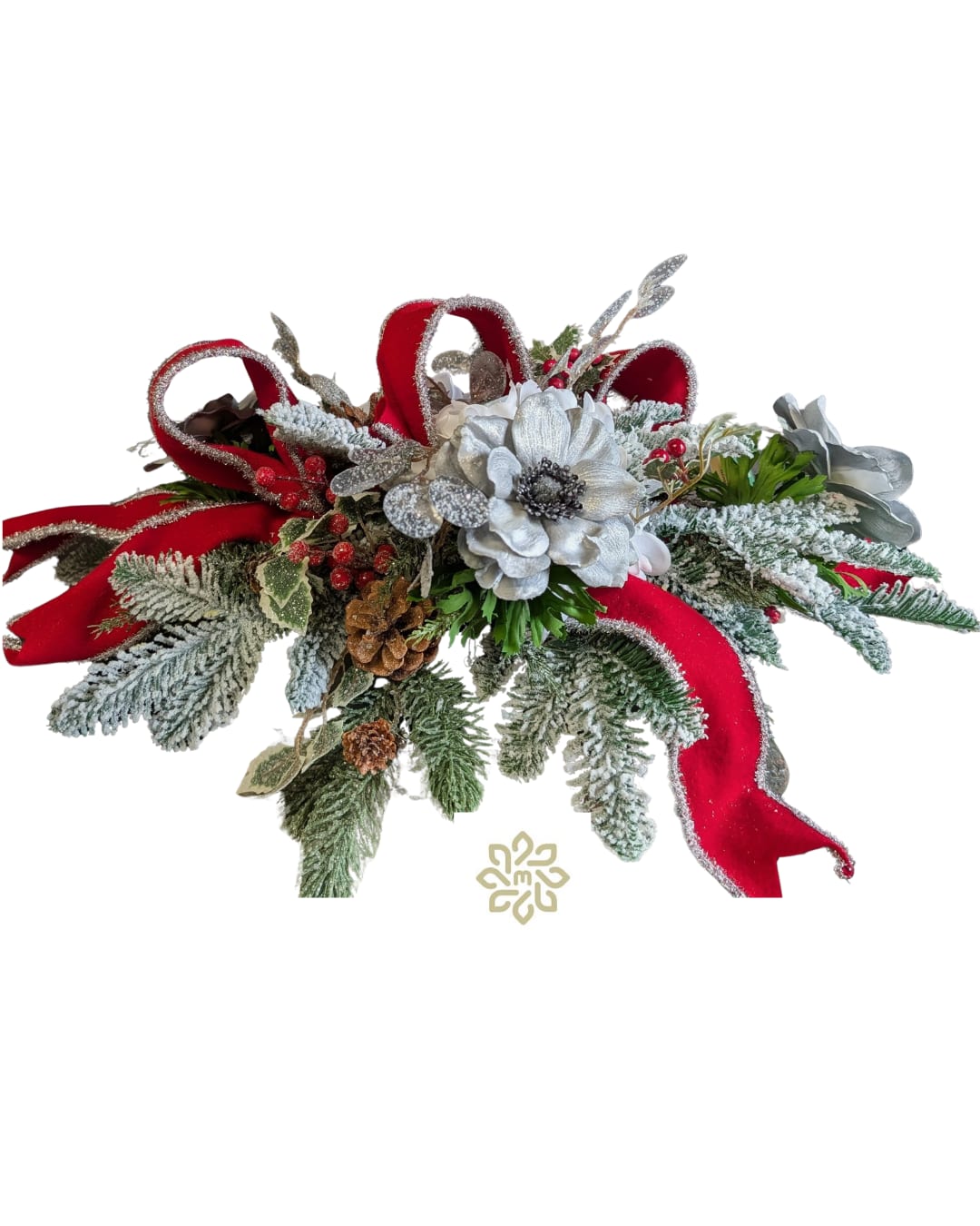 Frosted Winter Elegance Permanent Botanical Centerpiece - Bring the magic of a winter wonderland to your table with our Frosted Winter Elegance Permanent Botanical Centerpiece.   This handcrafted artificial arrangement features lush winter greenery, frosted white flowers, and shimmering silver accents, artfully designed to look like fresh seasonal florals—without any maintenance.