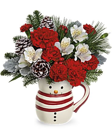 Teleflora's Send A Hug® Christmas Frosty Bouquet - This frosty friend can't wait to deliver a charming Christmas bouquet to someone special! Our Sweet Frosty Mug is made of food-safe ceramic so later he can become their favorite winter mug. Ordering flowers for Christmas are sure to make your home warm and bright. Red carnations, white alstroemeria and miniature red carnations are arranged with dusty miller, noble fir and white pine. This Christmas arrangement is delivered in Teleflora's Send a Hug® Sweet Frosty Mug. Orientation: All-Around
