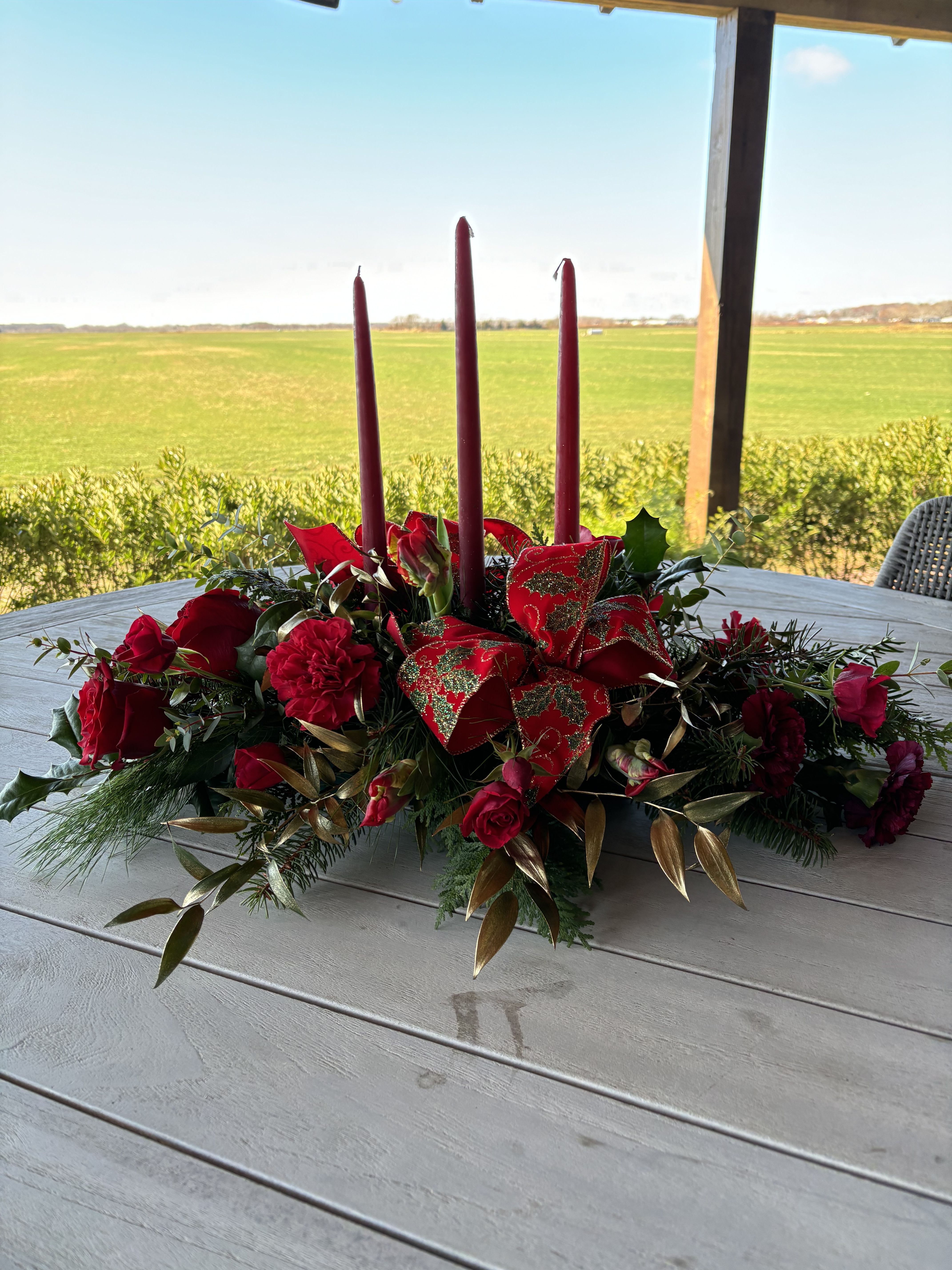 Suzies Holiday Beauty - A beautiful triple taper candle centerpiece for your holiday gift giving.  