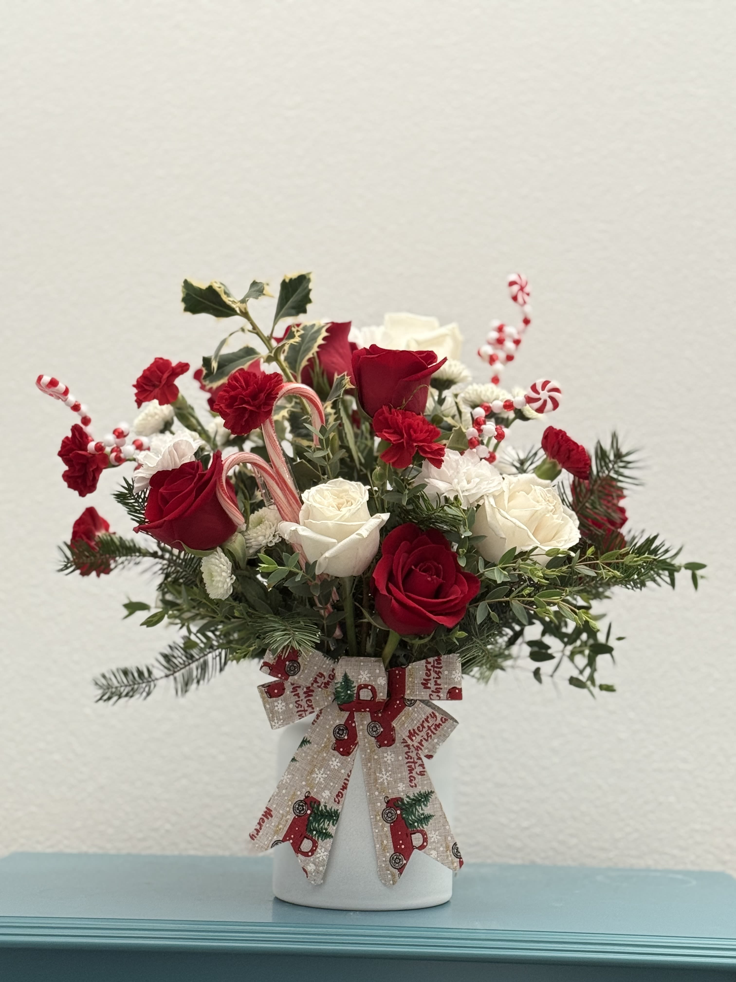 Joy - Holiday cheer is here!  Christmas inspired arrangement, mix of red and white flowers 