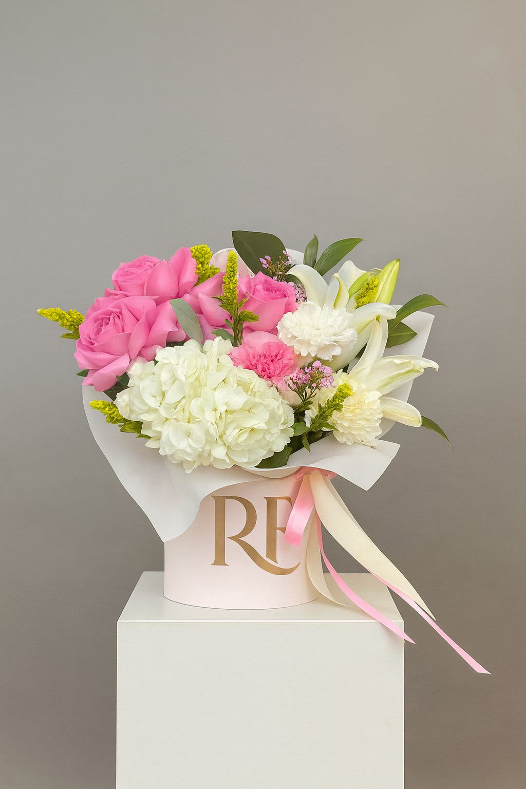 Blush &amp; Blanc Box  - A curated mix of pink and white lilies, roses, carnations, and spider mums, artfully arranged in a keepsake box—like a love letter in blooms.