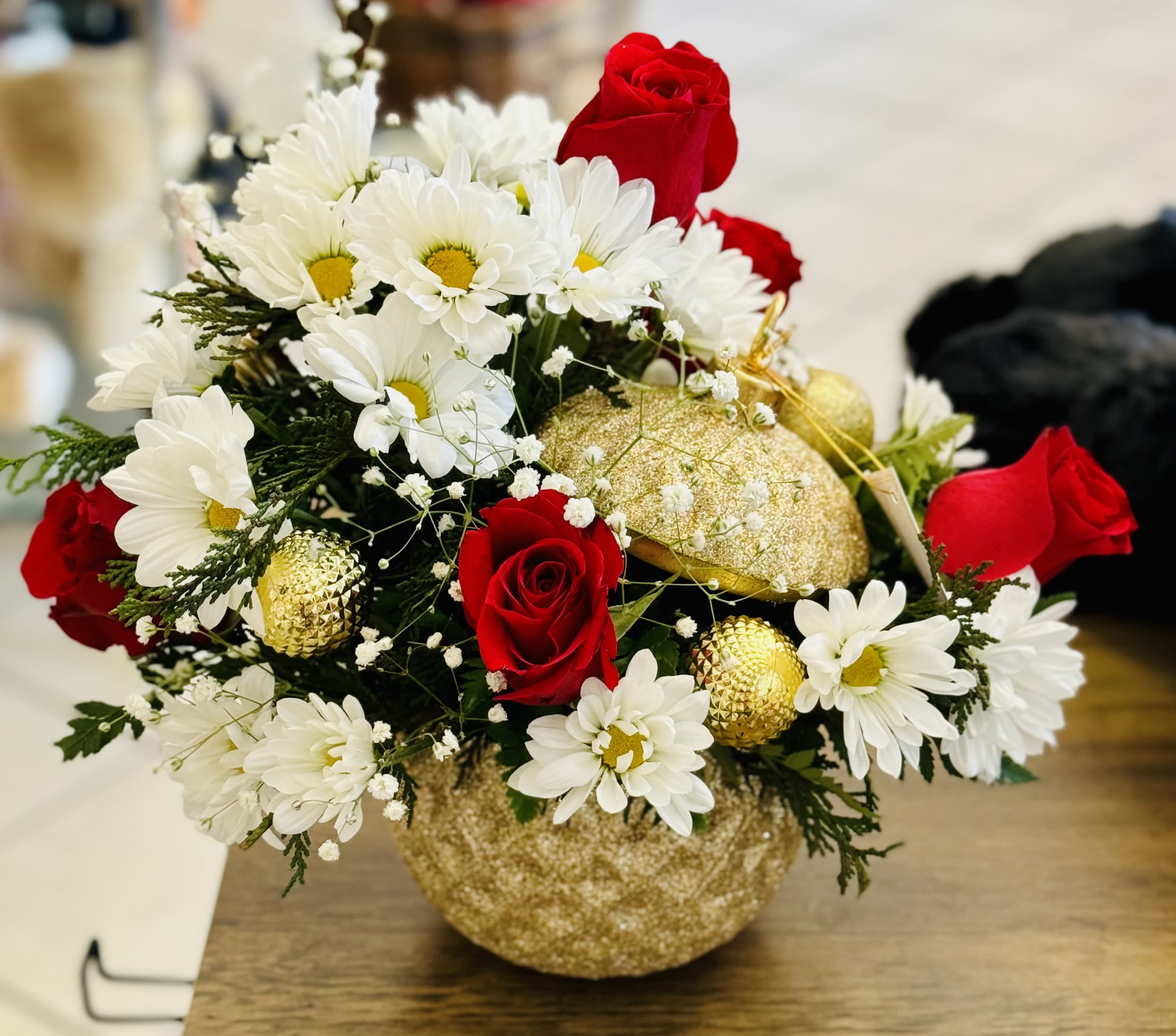 Christmas ornament  - Christmas florals arranged in a ceramic gold ornament. Perfect gift to give that special someone a piece of Holiday Cheer! 