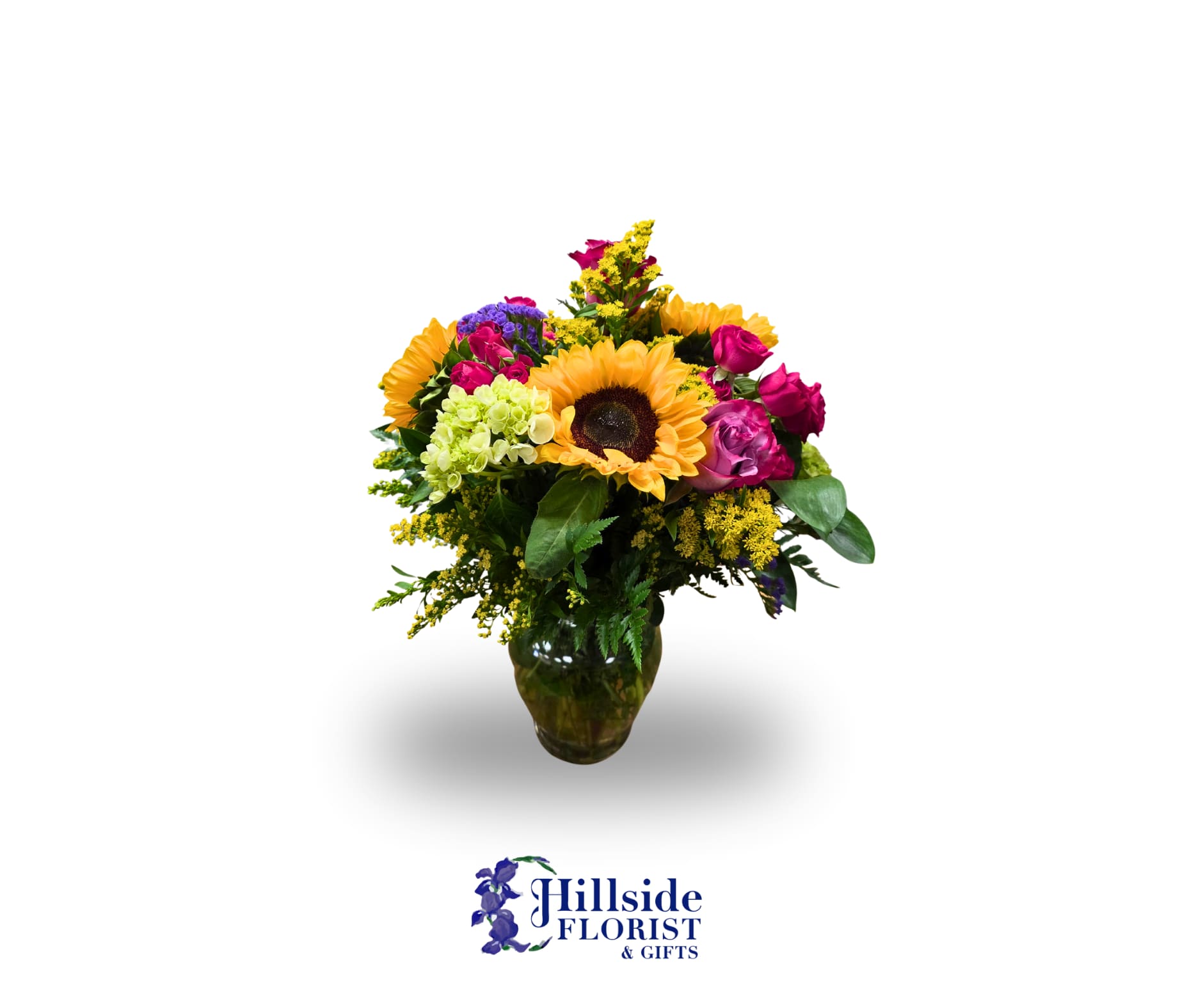 The Ginger Jars - Bright and colorful arrangement of roses, hydrangea and other mixed flowers
