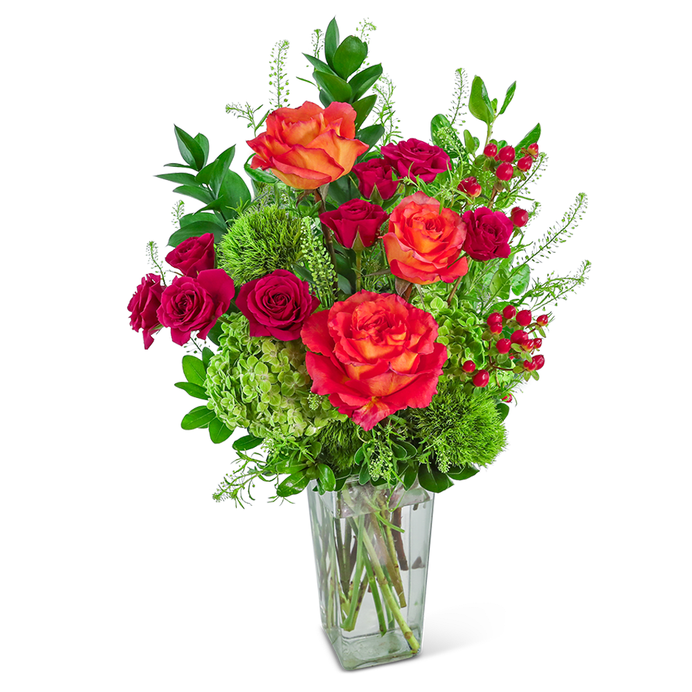 Samba Sunrise - Samba Sunrise is a vibrant and lively floral arrangement bursting with bright orange, pink, and green hues. Set in a clear vase, this stunning floral design showcases Roses, Green Trick Dianthus, Hypericum Berry, Hydrangea, and premium foliage, creating a gorgeous and uplifting gift. Perfect as an anniversary or a birthday gift, Samba Blooms brings a joyful and celebratory touch to any occasion.