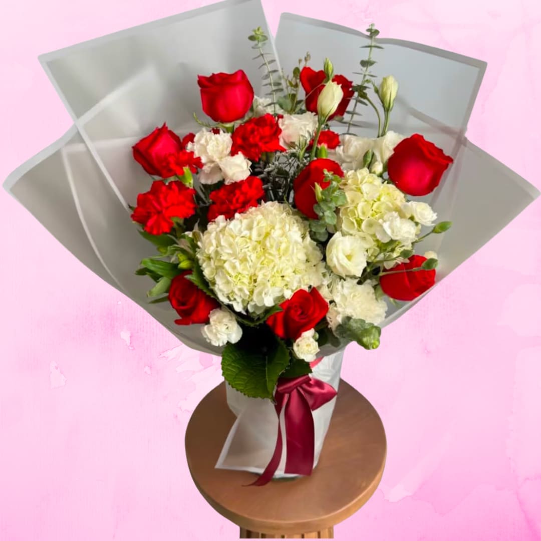 LOVE - one faced vase arrangement wrapped in lux wrap, red and white romantic color theme