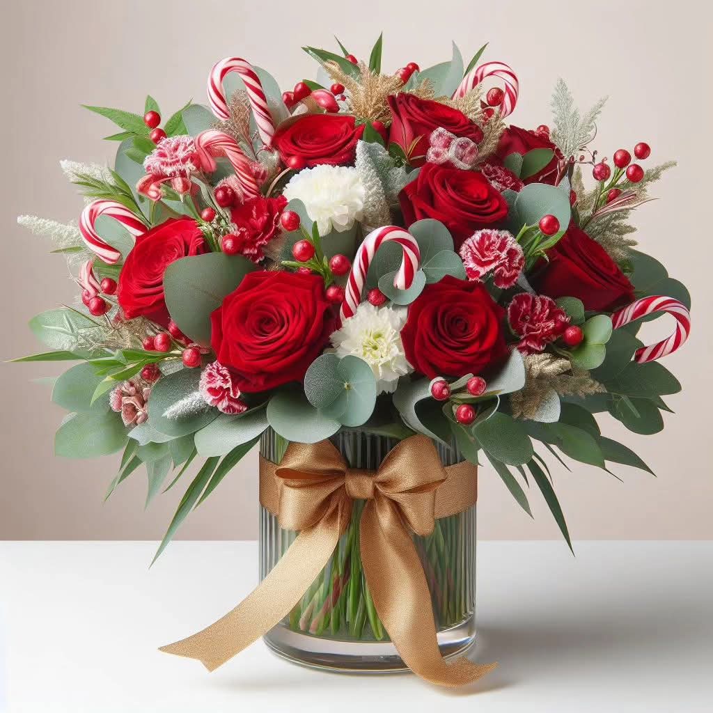 Holiday Cheer Bouquet - Amidst the winter's chill, the warmth of joy blooms bright. ️  Spread holiday cheer with this holiday themed bouquet, featuring red roses, white carnations, winter greens, and delicious candy canes! 