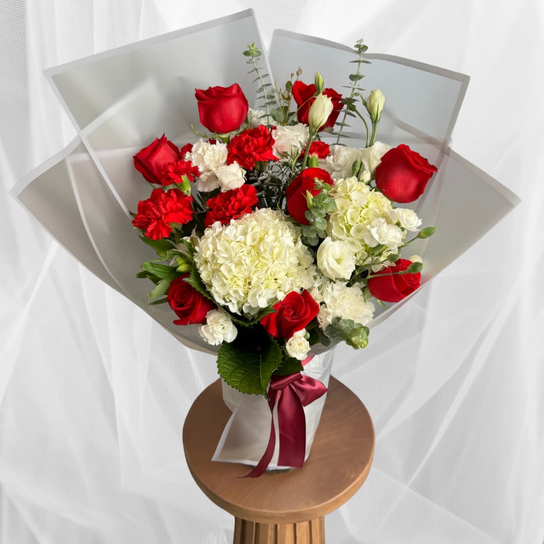 LOVE - one faced vase arrangement wrapped in lux wrap, red and white romantic color theme
