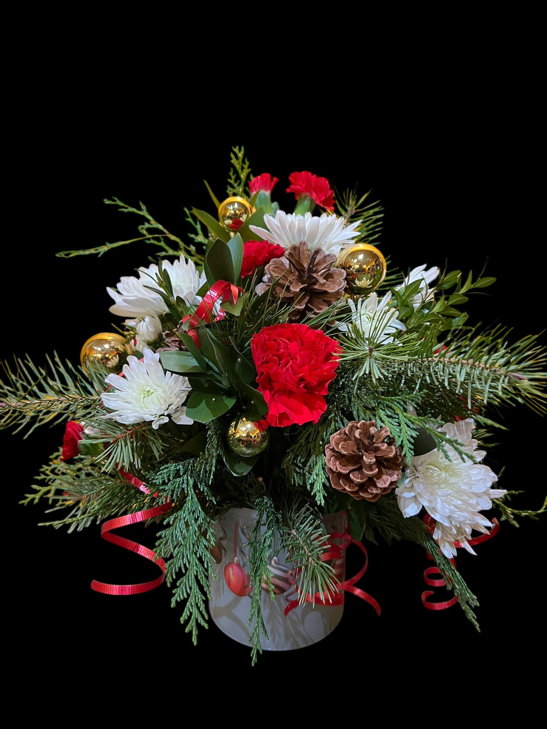 Deck the Halls (short version) - Festive frosted vase of reds, whites, golds, etc.