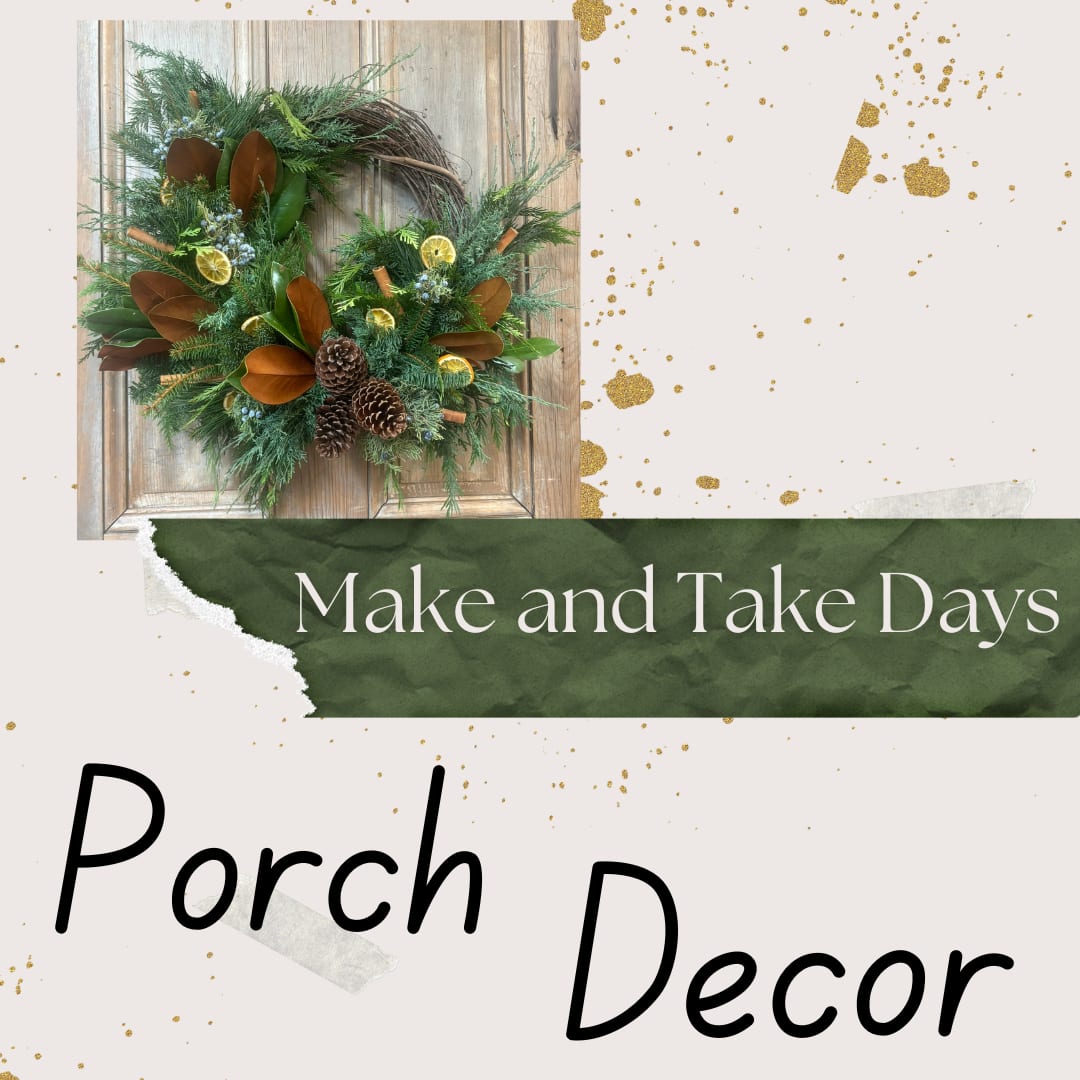 Porch Pot bouquet - Create in a pot you already have, a holiday, winter arrangement you'll love using greens, sticks, berries dried flowers, faux items, and ribbon  Sow Wonder will assist you in creating porch decor that you will enjoy for the entire season. Please check the size of your pot with the size you order.  Also please bring it filled with dirt or there is an added charge for dirt or foam.  Container sizes: Standard 6&quot;-10&quot;  Deluxe 11&quot;-18&quot; Premium 19&quot;-24&quot; 