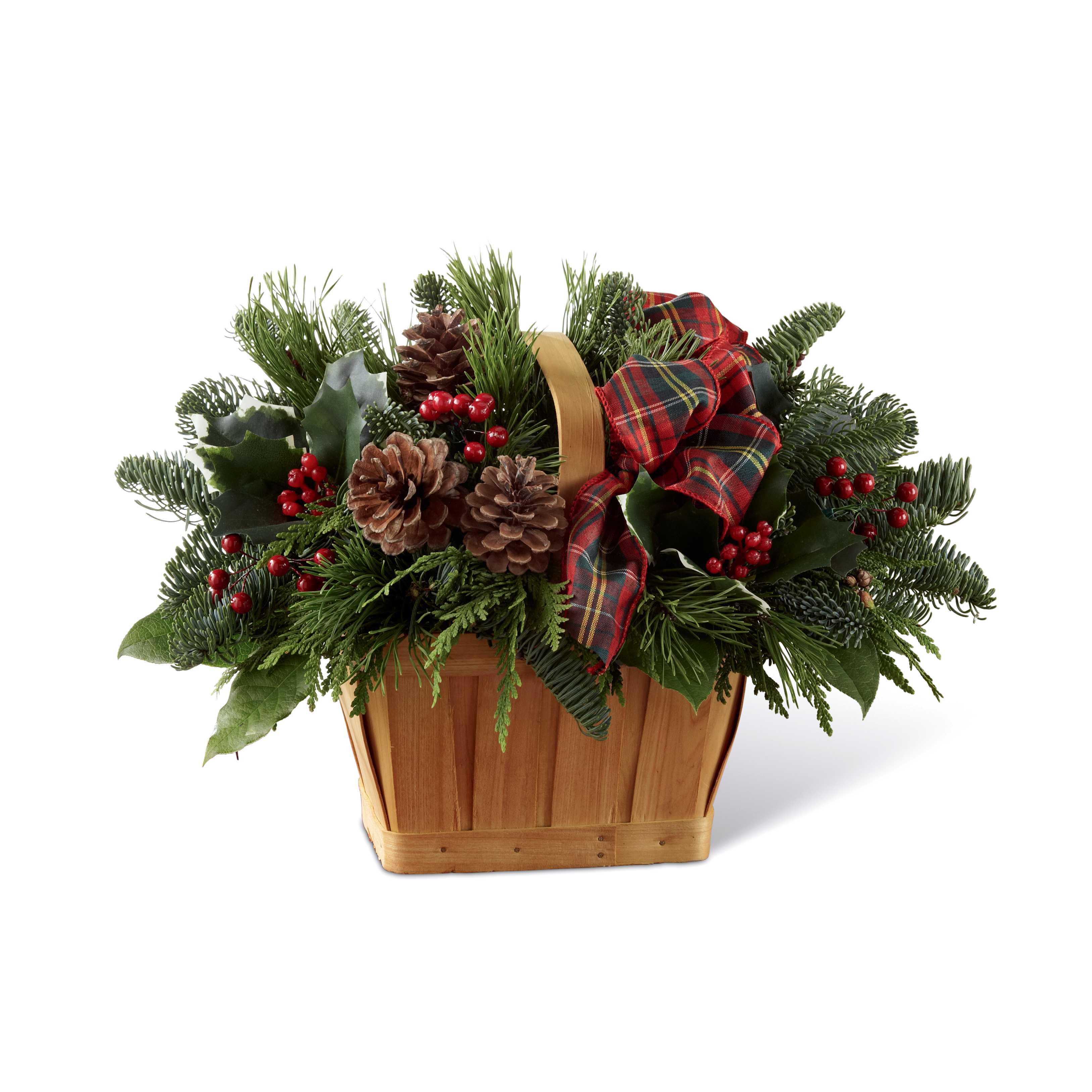 B10-5139 BASKET OF GREENS - VERY LONG LASTING - ASSORTED FRESH GREENS WITH RIBBONS, PINE CONES, BERRIES, ETC.  WILL LAST THROUGH WINTER... CAN BE USED INDOORS OR OUTSIDE. BASKET MAY VARY...