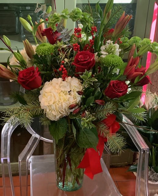 Secret Santa Surprise - Fun holiday mix of all our seasonal favorites, check out that dutch Ilex paired with those roses!