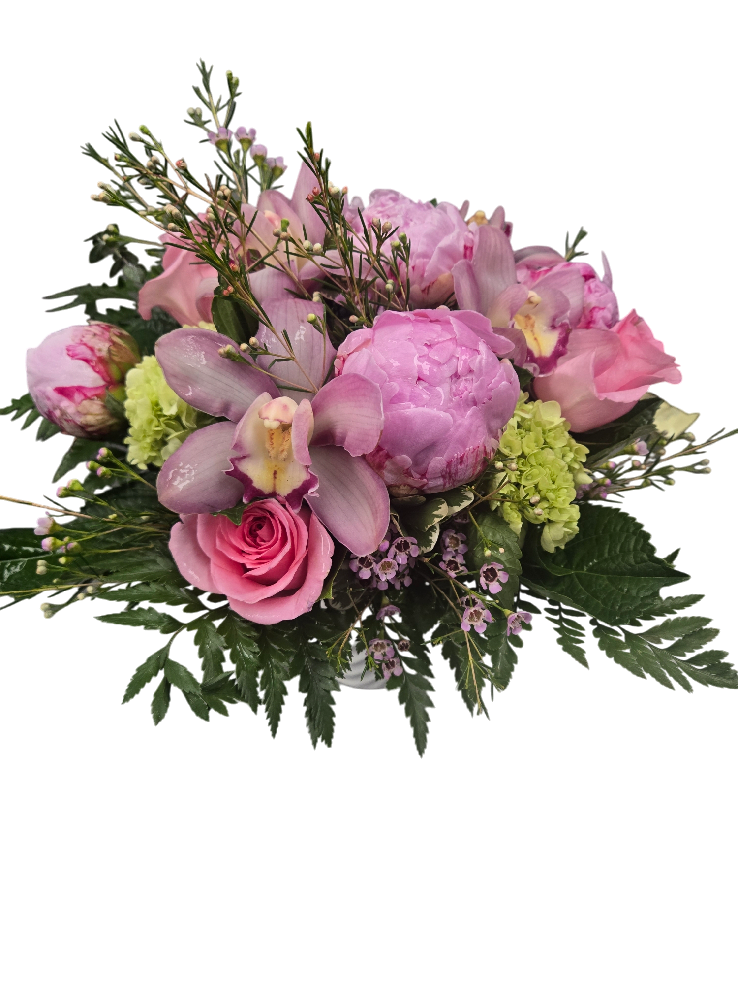 Wicked Pink Peony - Wicked pink peony Two luxurious types of flowers, Peonies and Cymbidium Orchids, hand arranged with roses and green hydrangea and fresh garden greens. This lovely floral arrangement is hand delivered in a white low  vase.   