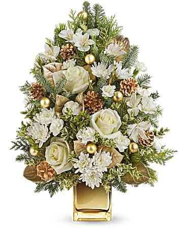 Luxe Winter Tree - Enhance your holiday with a touch of elegance in this beautifully understated tree bouquet featuring white roses in a gold mirrored cube. Perfect for celebrating a sparkling white Christmas.