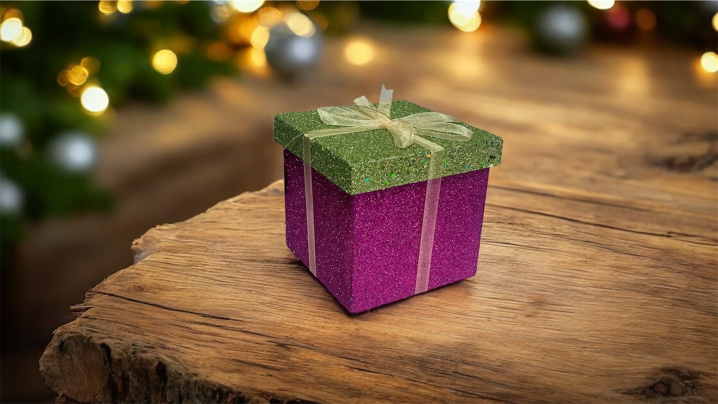 Sparkle Surprise Gift Box (Pink) - Add instant joy and shimmer to any occasion with this glamorous glitter gift box! Featuring a bold fuchsia body and a festive green top wrapped with a soft gold ribbon, this box is perfect for Christmas gifting, holiday treats, birthdays, Secret Santa, or packaging your floral add-ons and self-care products.  Use it as a gift box, display piece, or upgrade it with goodies for a show-stopping presentation.  Details:  Glitter exterior – bright, eye-catching + premium feel  Reusable keepsake box  Gold bow ribbon included  Perfect for gift giving, treat boxes, stocking stuffers, corporate gifts &amp; flower add-on bundles  4’6 box size