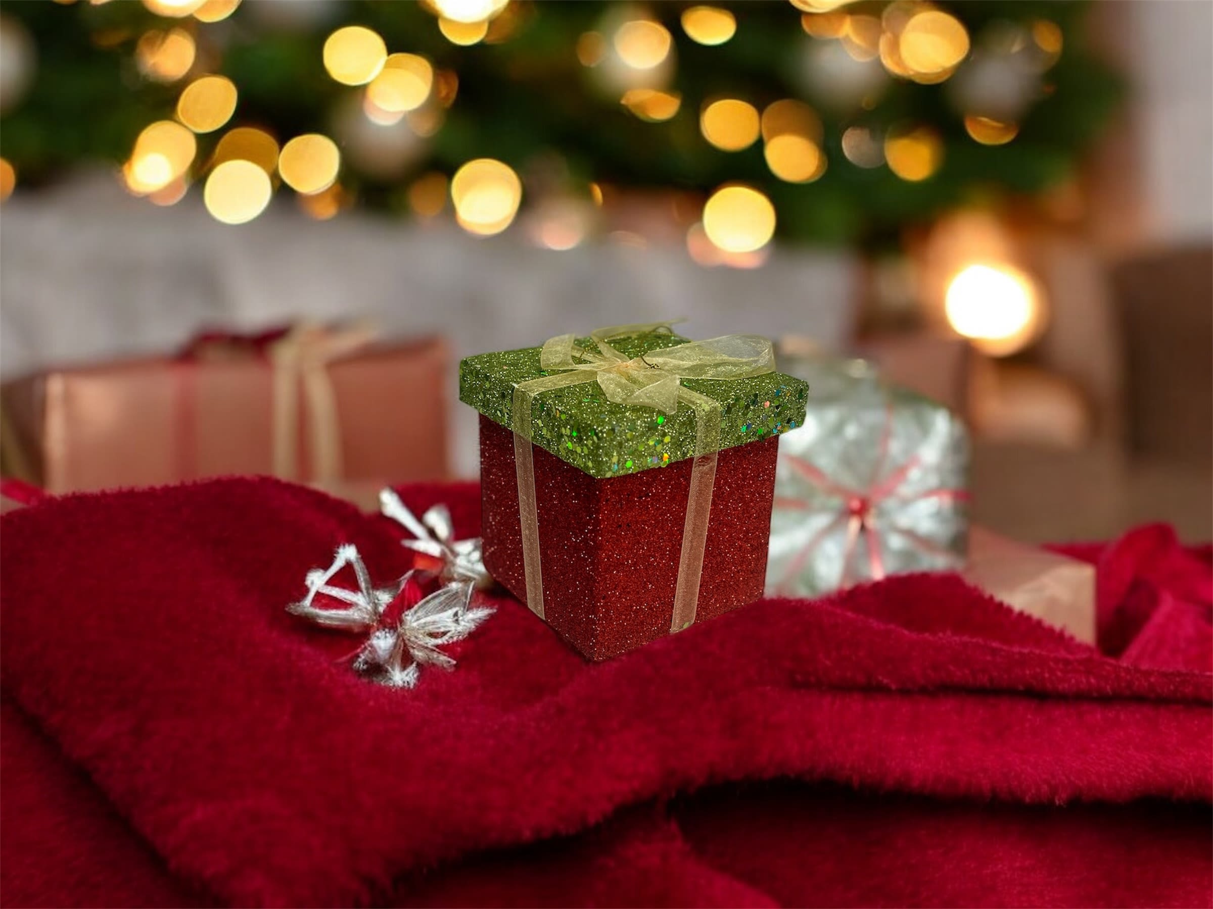 Sparkle Surprise Gift Box (mini red) - Add instant joy and shimmer to any occasion with this glamorous glitter gift box! Featuring a bold fuchsia body and a festive green top wrapped with a soft gold ribbon, this box is perfect for Christmas gifting, holiday treats, birthdays, Secret Santa, or packaging your floral add-ons and self-care products.  Use it as a gift box, display piece, or upgrade it with goodies for a show-stopping presentation.  Details:  Glitter exterior – bright, eye-catching + premium feel  Reusable keepsake box  Gold bow ribbon included  Perfect for gift giving, treat boxes, stocking stuffers, corporate gifts &amp; flower add-on bundles 4’4 box size