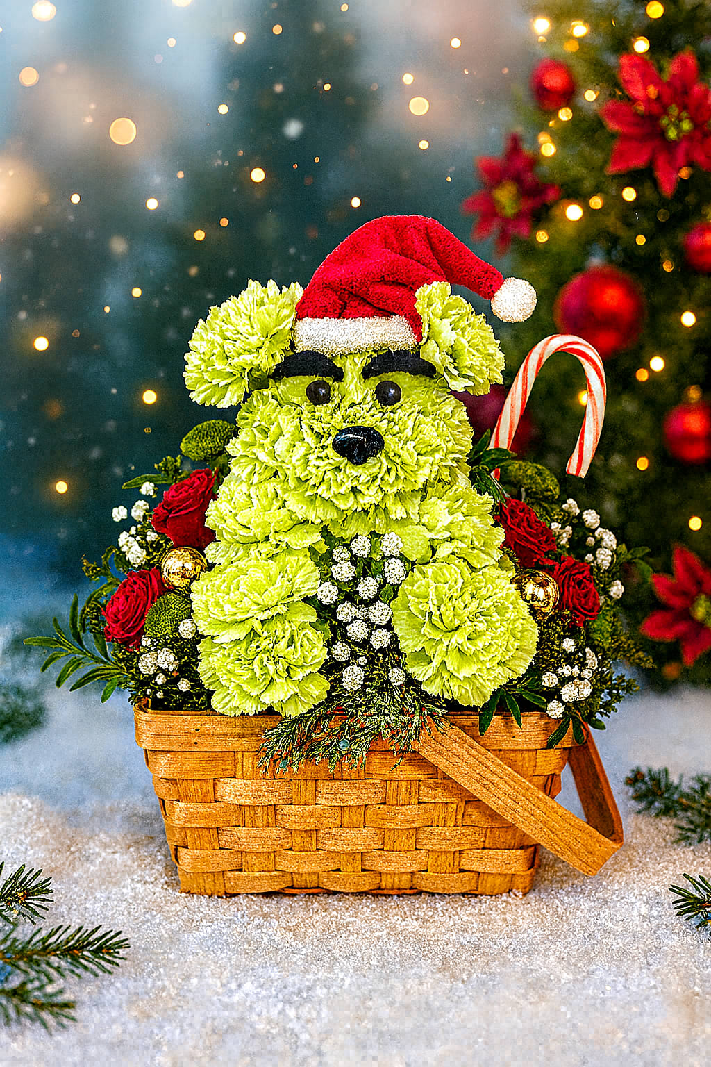 Grinchy Holiday Puppy Basket - Bring a little mischief to Christmas with our Grinchy Holiday Puppy Basket. Lime green carnations are hand-crafted into an adorable puppy, complete with Santa hat, black button nose, and holiday shades, nestled in a wood basket with red blooms, baby’s breath, greenery, candy cane, and gold ornaments. This playful Christmas dog flower arrangement is perfect for kids, dog lovers, office gifts, and anyone who loves a fun “Grinch-style” holiday surprise. Designed by Floral Concepts and available with same-day Christmas flower delivery in Houston and the surrounding cities.
