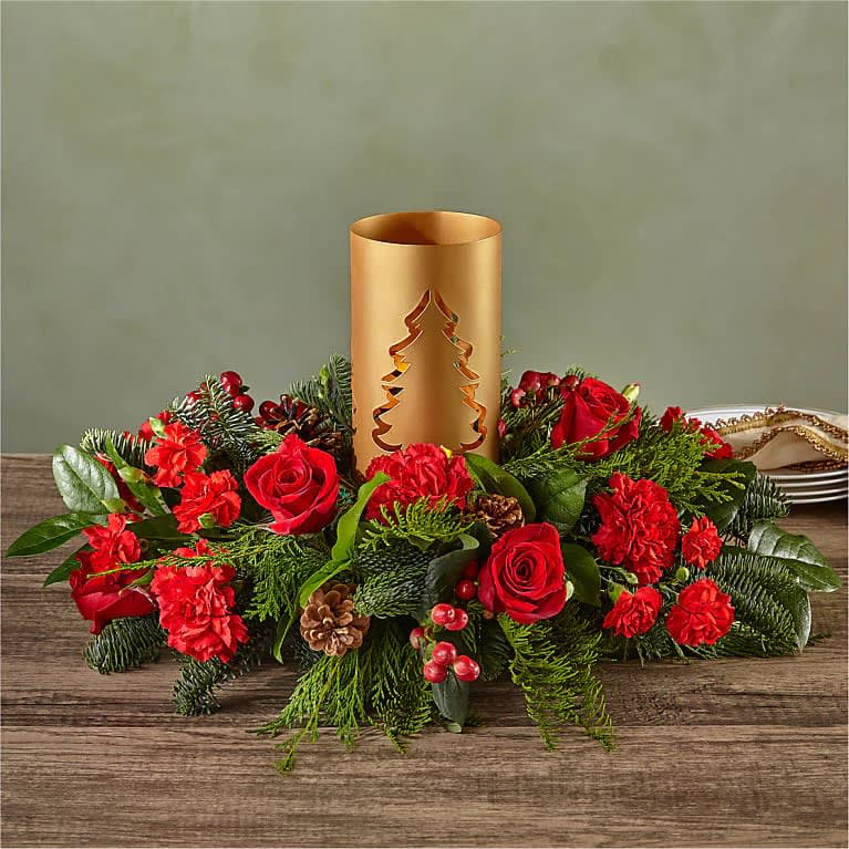 EVERGREEN GLOVE CENTERPIECE - ROSES,CARNATION,BERRYS,PINECONES,XMAS GREENS