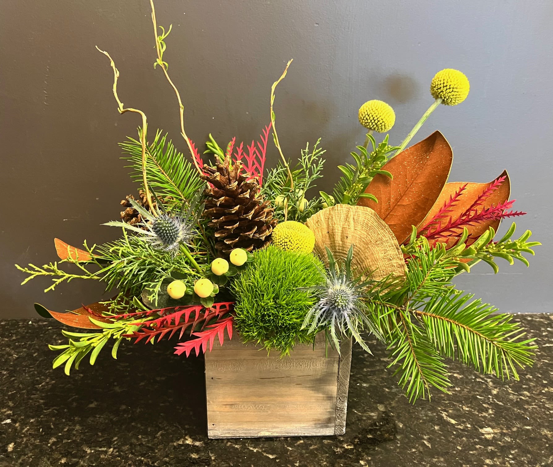 Winter Botanica - designed in a natural wood box, we have a mix of festive holiday greens, pinecones, mushrooms and various berries to create a long lasting arrangement