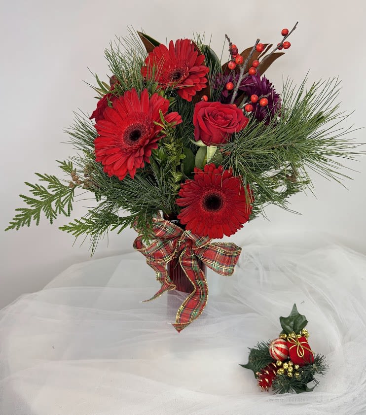 Joyful Day bouquet - Red Gerber Daisies, Red roses with holiday decorations