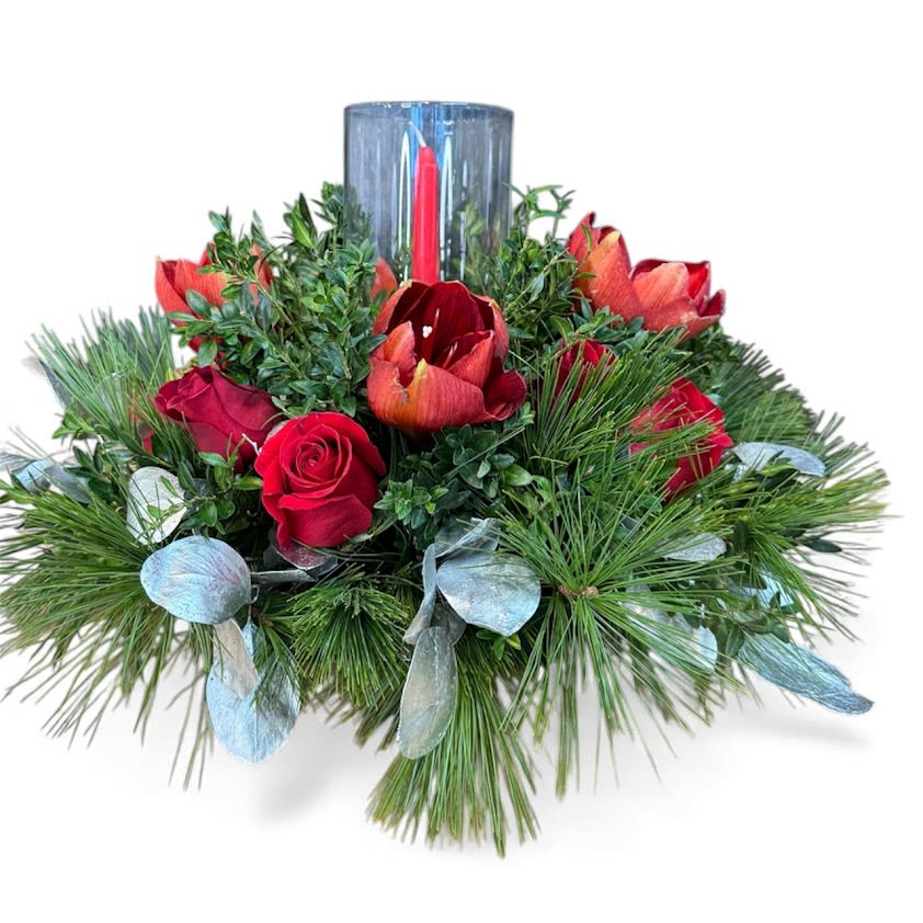 Holy Night Candle centerpiece - Roses, Amaryllis, Pine needles centerpiece  with holiday decorations