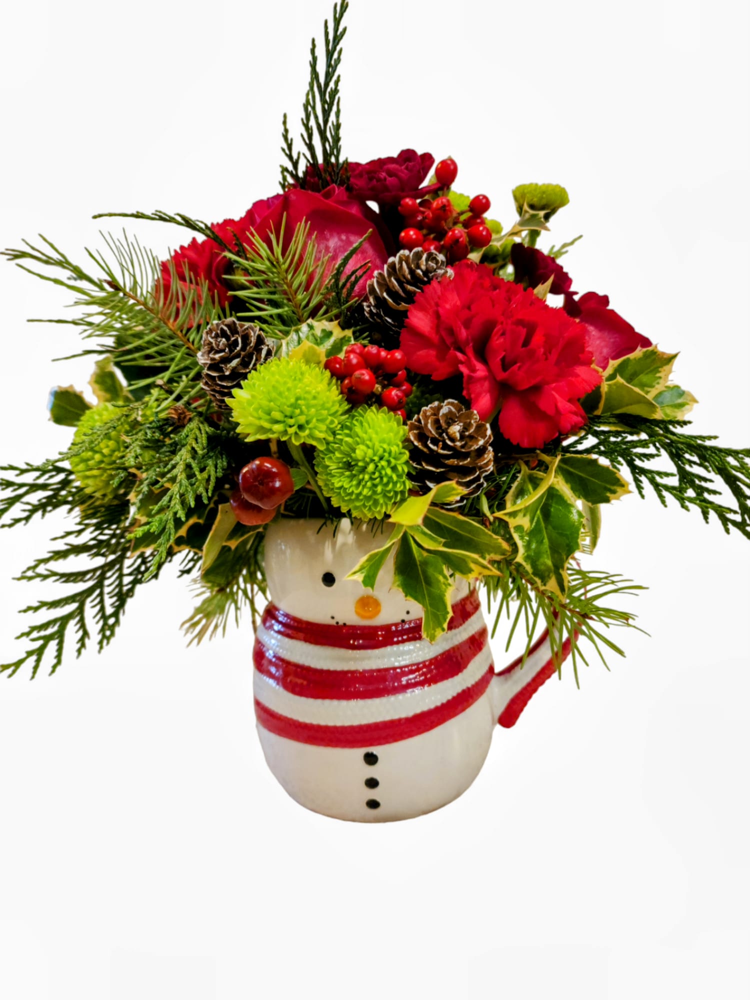 Mr. Snowman - This adorable Snowman vase filled with holiday flowers is super cute. 