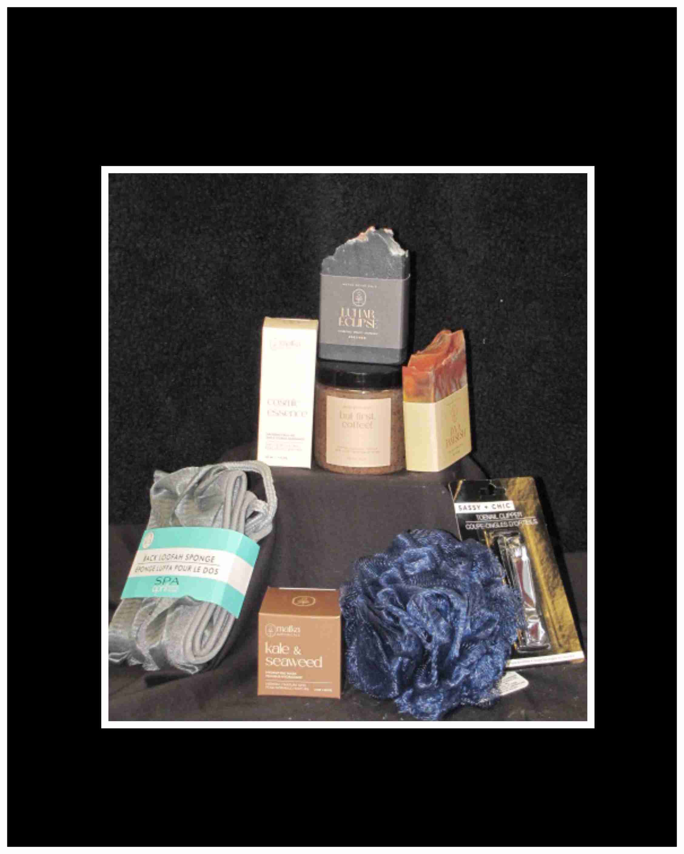 Esquire Spa Basket - This Gentleman's basket features products from Matka Botanical which is made locally here in Nanaimo, BC. Using pure ingredients, small batch. Men will love the body scrubs, soap ,and the mask. The long lasting Cosmic essence face oil can also dual purpose as a beard oil    (Working hard to promote local products)&nbsp;  Local delivery only