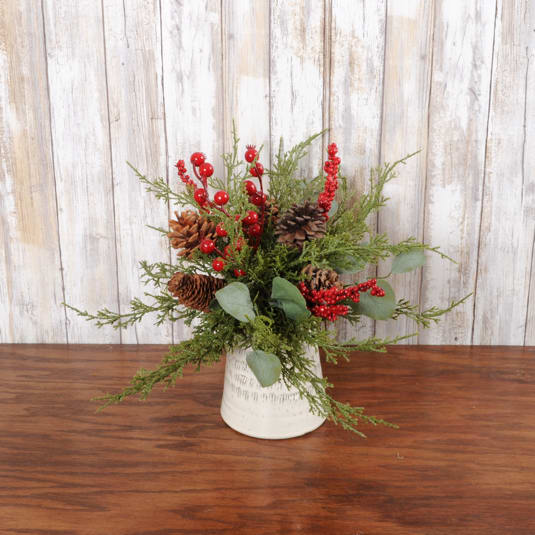 Faux Berries &amp; Cream - Silk greens, pine cones &amp; berries arrive in a modern cream ceramic vase- keep all winter long! Perfect for a side table, coffee table or night stand.   
