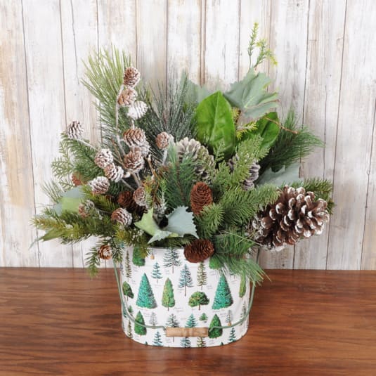 Faux Pine Forest Grande - Silk keepsake arrives with assorted evergreens, pine cones and berries, perfect for any decor with a forest handled container