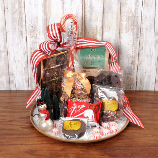 Candy Cane Lane - This tray is overflowing with holiday sweet treats that arrive on a keepsake holiday ceramic platter with a mercury snowman ornament to hang on the tree!  
