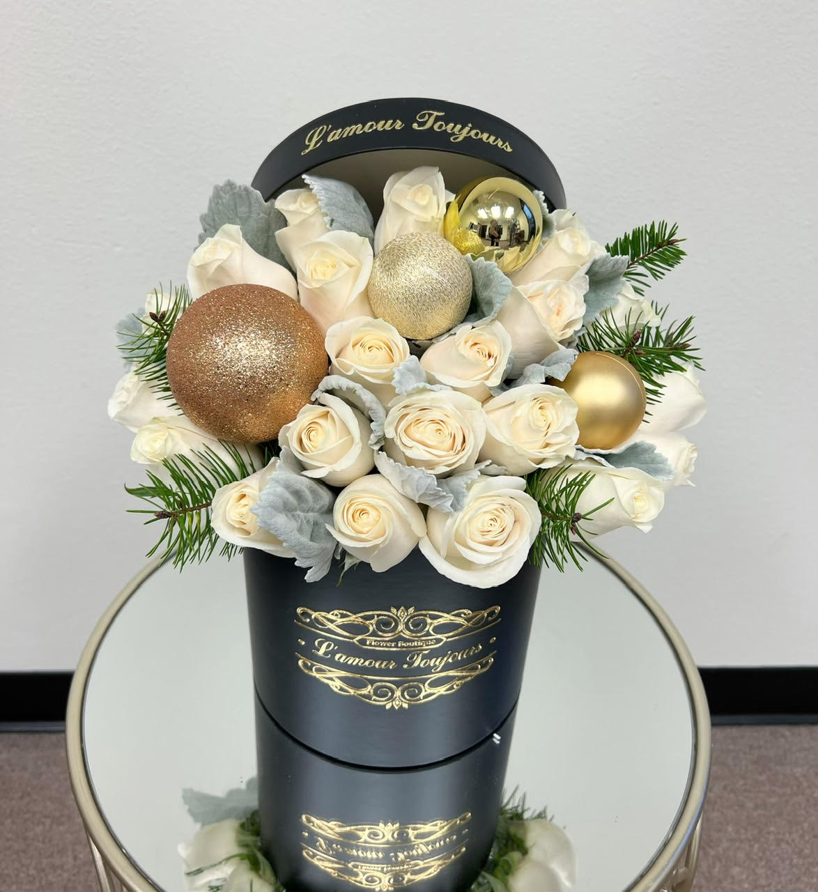 New Years Signature Flower Box - 25 Premium Roses with ornaments in our Signature Flower Box