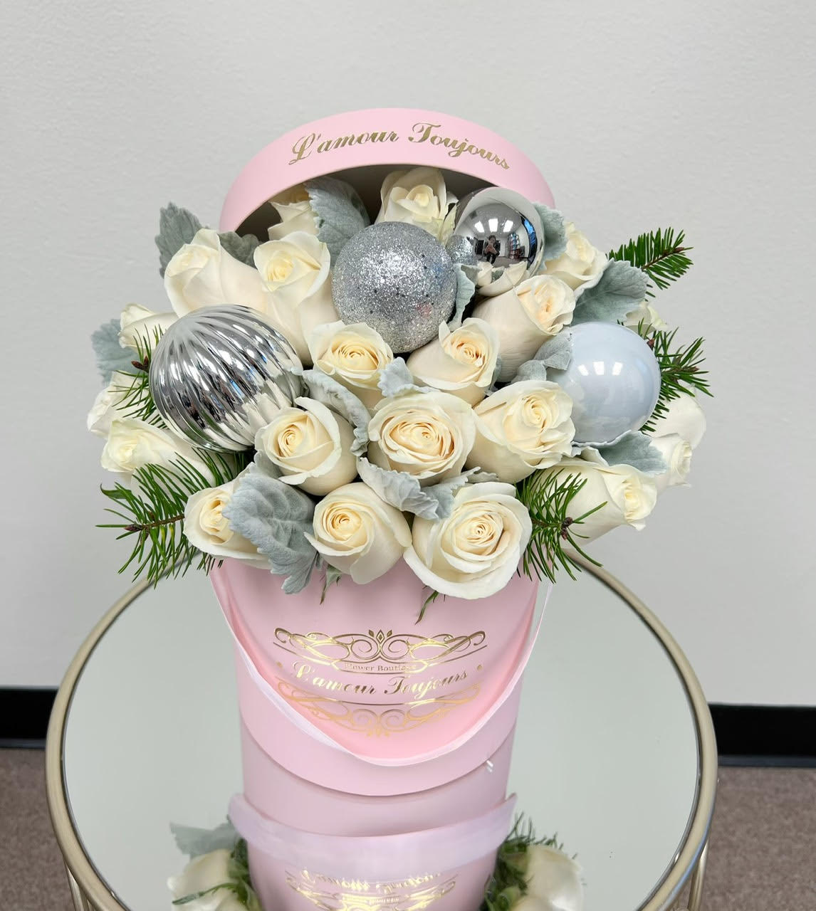 Sweet Christmas Signature Flower Box - 25 Premium Roses with ornaments in our Signature Box