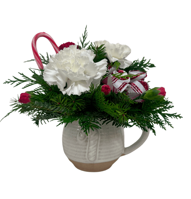 Candy Cane Wishes  - This candy cane mug is filled with fragrant Christmas greenery, festive colored mini ornaments, fresh floral and candy canes!