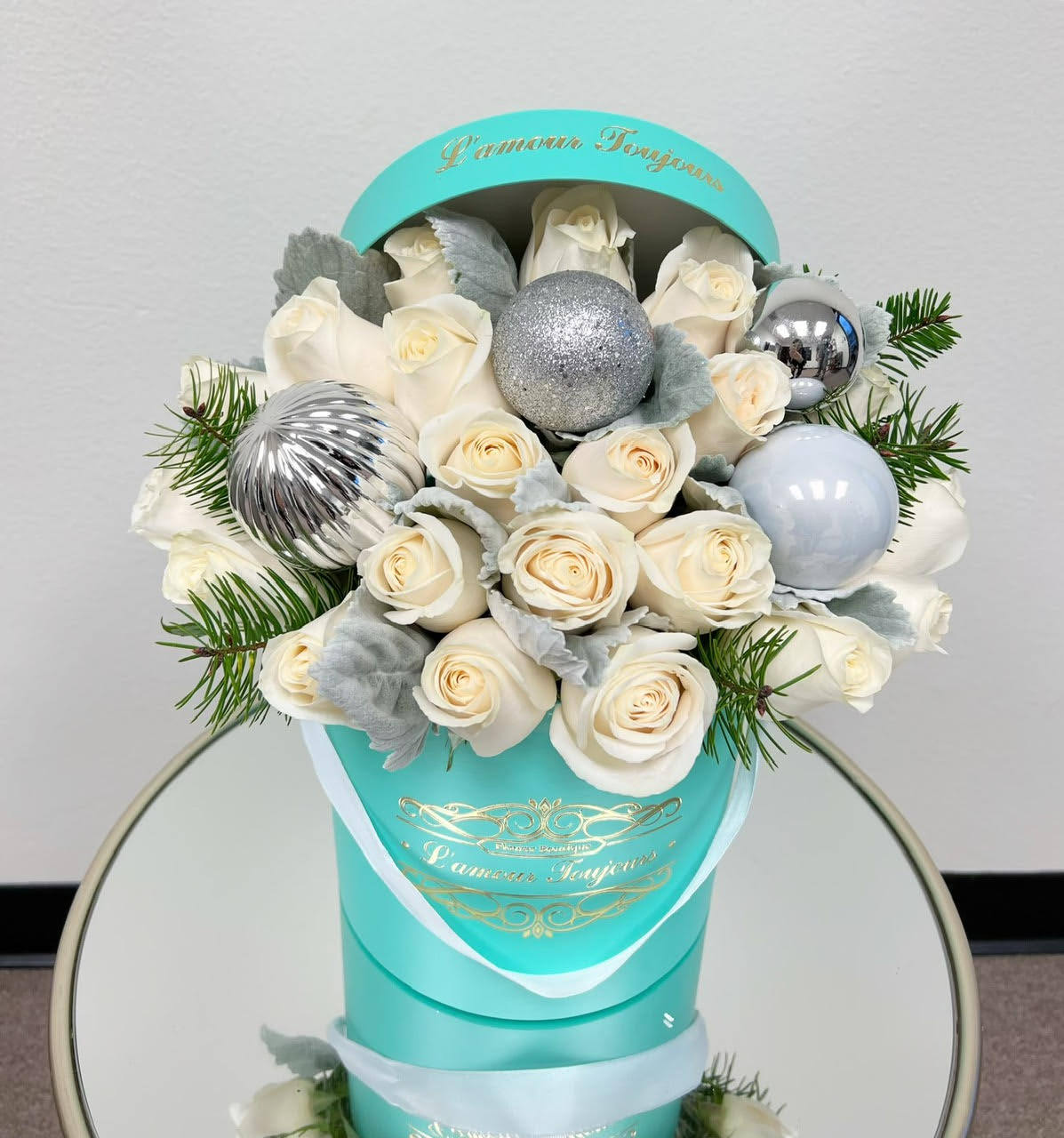 Tiffany's Christmas Signature Box - 25 Roses with ornaments in our Signature Box 