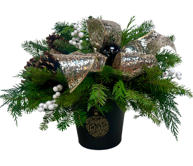 Classic Christmas - This beautiful pot filled with Christmas greens, beautiful ribbon and trimmings will delight every heart this winter