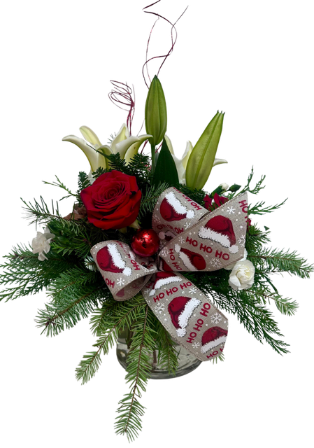 Ho! Ho! Ho! - This fun and festive arrangement is filled with holiday delights from the Santa inspired ribbon to the red glittery holiday ting. 