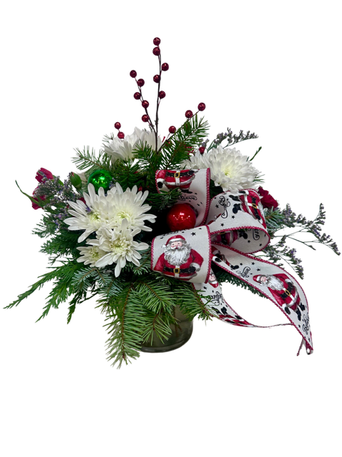 Kris Kringle Delight! - Just in time to make spirits bright!  This pot filled with fresh floral, trimmings and all this delightful 