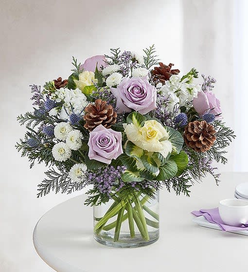 Winter Moonlight - Arrangement with white kale and button poms; blue thistle; lavender roses, purple limonium; accented with assorted greenery