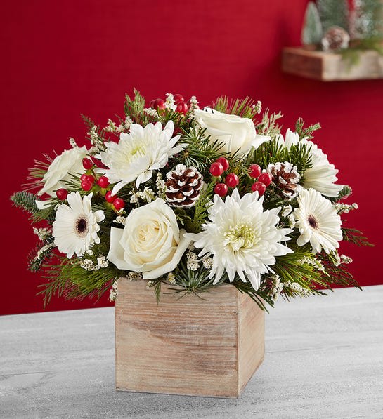 Festive Tidings - Warm up their winter with some festive tidings. We’ve gathered a rustic mix of white blooms, pinecones and greenery, with red berries for a pop of color. Complementing the arrangement is our grey-washed wooden cube, featuring soft, natural tones and textures. It’s a gift that brings that captures the season’s natural beauty, along with your deepest sentiments.
