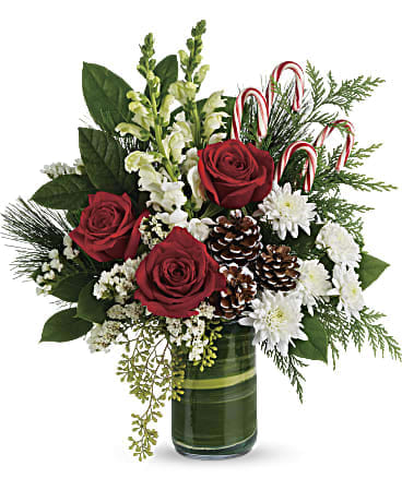 Candy canes and pine bouquet  - Red roses, creme roses and white snapdragons are wrapped in a variegated aspidistra leaf and accented with seeded eucalyptus, lemon leaf, flat cedar, white pine, candy canes, and small frosted pine cones.