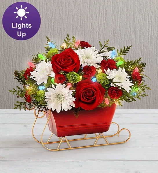  The Sleigh - Send holiday joy their way! Our dashing arrangement is filled with classic Christmas-colored blooms and fragrant evergreens. Gathered in our vintage sleigh, complete with colorful LED lights, this treasured collectible brings the festive spirit of the season into every home, year after year. Perfect as part of the decor or for holding wrapped treats.