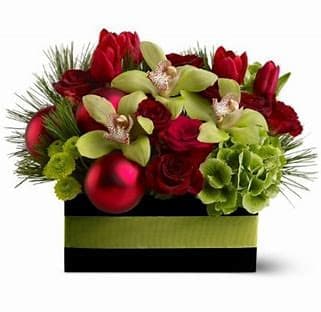 Holiday Chic - Red roses and tulips , Green cymbidium orchids and hydrangea, decorate with the red balls, arrange in the black rectangle container .