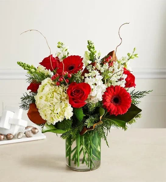 Abundant Christmas Blessing - All-around arrangement with white hydrangeas, larkspur, snapdragons, Queen Anne’s lace and stock; red roses, Gerbera daisies and hypericum; accented with curly willow, magnolia tips and assorted Christmas greenery Artistically designed in a clear glass cylinder vase
