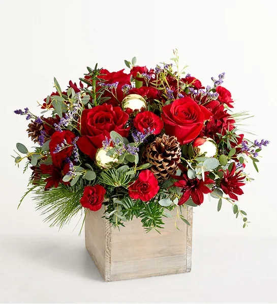 Russet Charm - Our arrangement is as bracing and beautiful as a walk through the woods on a crisp winter day. Roses and other blooms in rich reds and burgundies are surrounded by lush Christmas foliage, pinecones, and petite golden balls in a gray-washed wooden cube. This gift will feel right at home on a table, a windowsill, a mantel… just about anywhere!